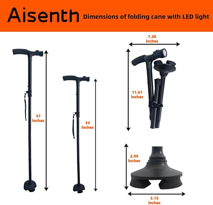 Lightweight Adjustable Folding Walking Canes for Men and Women-360° Swivel Base,Non-Slip Handle,LED Safety Light & Wrist Strap-Assist Seniors & Adults with Daily Walking,Stairs,Balance Support