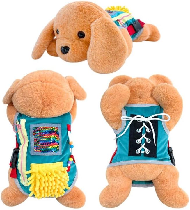 Fidget Blanket for Alzheimer Fidget Blanket for Adults for Anxiety Relief | Puppy Fidget Blanket with Many Activities Gift Fidget Sensory Blanket with Lovely Dog, Brown