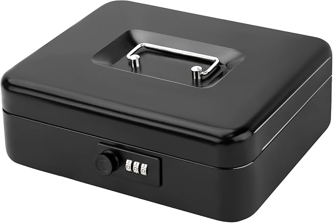 Jssmst Large Cash Box with Combination Lock – Durable Metal Cash Box with Money Tray Black(9.8 x 7.9 x 3.5), SM-CB07001L