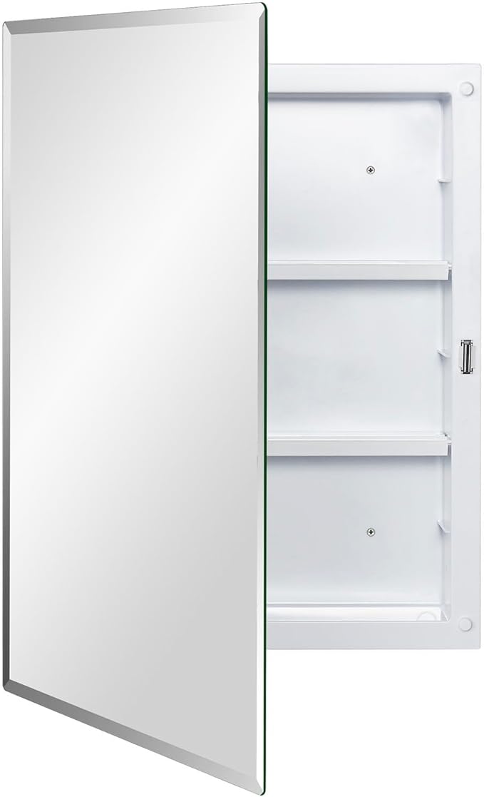 Plastic Bathroom Medicine Mirror Cabinet 16 x 22 inch, Surface and Recessed Mount, Beveled Edge Mirror