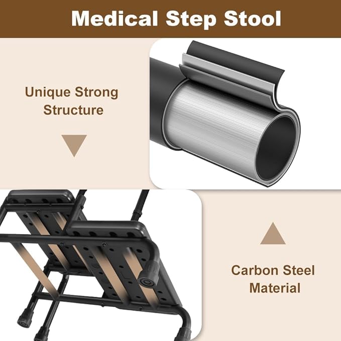 Step Stool with Handle, Heavy Duty 2 Step Stool for Elderly with Adjustable Handrail and Non-Skid Platform, Bed Steps for High Beds for Adults, Seniors, Handicap, Hold up to 400LBS