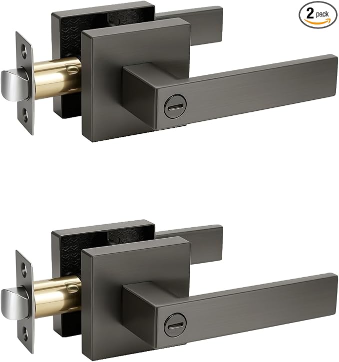 KNOBWELL 2 Pack Door Handles Interior Privacy Doorknob with Straight Lever Gunmetal Black Bedroom/Bathroom Door Handles