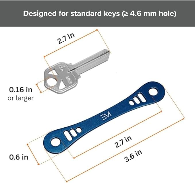 EM Compact Key Holder, Pocket Key Organizer, 14 Keys Key Bar | Fits 4.6 mm or larger keyholes only. Small hole keys like mailbox keys may not fit. Anti jingle, removable clip