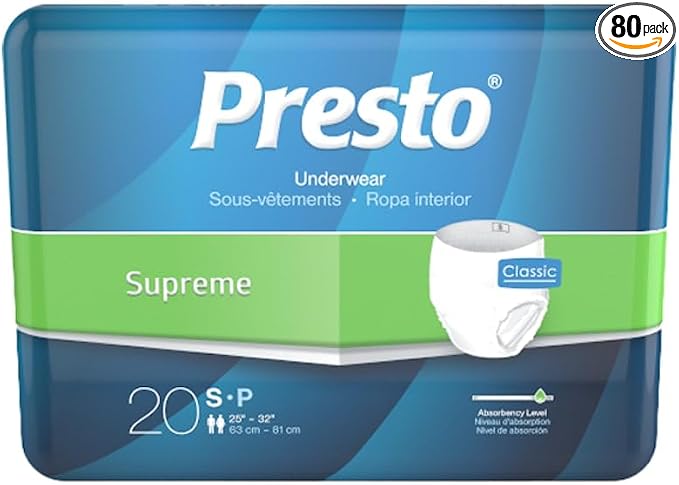 Presto Supreme Classic Unisex Protective Underwear, Adult Small (22"–36" Waist) - Maximum Absorbency, Incontinence Underwear with OdorSecure & MoistureLock Dual Core, 80 Count (4 Bags of 20)