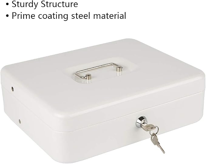 KYODOLED Locking Cash Box with Lock,Money Box with Cash Tray,Lock Safe Box with Key,Money Saving Organizer,11.81Lx 9.45Wx 3.54H Inches,White XL Large