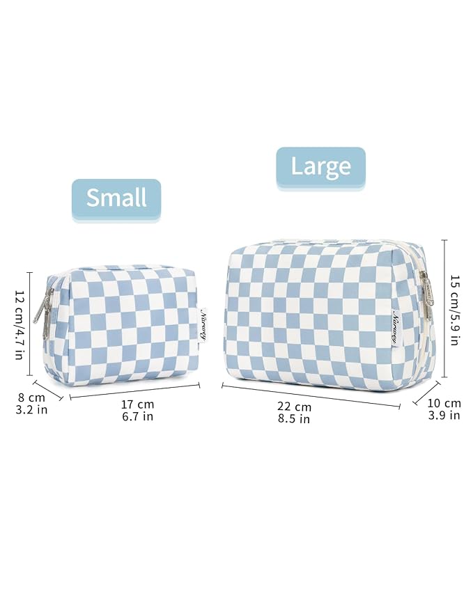 Narwey Checkered Makeup Bag Travel Cosmetic Bag Organizer Toiletry Bag Make Up Bags with Compartments for Women Girls((Large, Sky Blue Checkerboard)