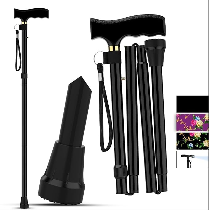 Walking Cane for Men & Women – Foldable, Adjustable, Self-Standing Cane with 360° Pivot Base, Comfortable Grip, Heavy Duty Canes for Women, Collapsible Walking Stick with Travel Bag for Seniors Adults