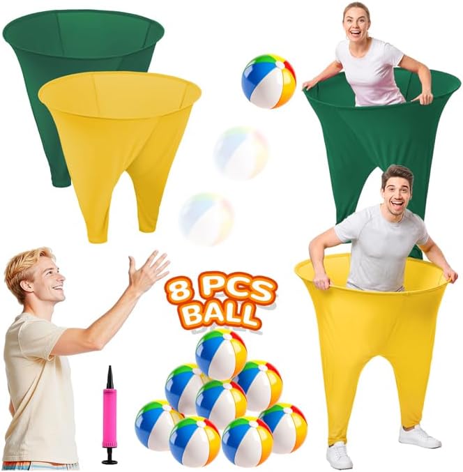 ROMANKAS Granny Pants Outdoor Game Green Granny Pant Yard Game with 8 Bouncy Balls and 1 Air Pump (Random Colors) 2 Pack Grandma Pant Games Gold Adult Granny Pants Games for Backyard Party