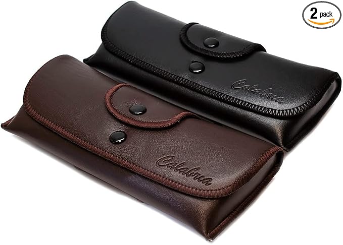 Calabria Double Snap Belt Loop Eyeglass Case PU Leather Black Brown 2Pack Vintage Eye Glasses Pouch SemiHard Sunglass Holder