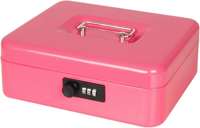 Jssmst Large Cash Box with Combination Lock - Durable Metal Cash Box with Money Tray Pink (9.8 x 7.9 x 3.5), SM-CB07004L, SM-CB014