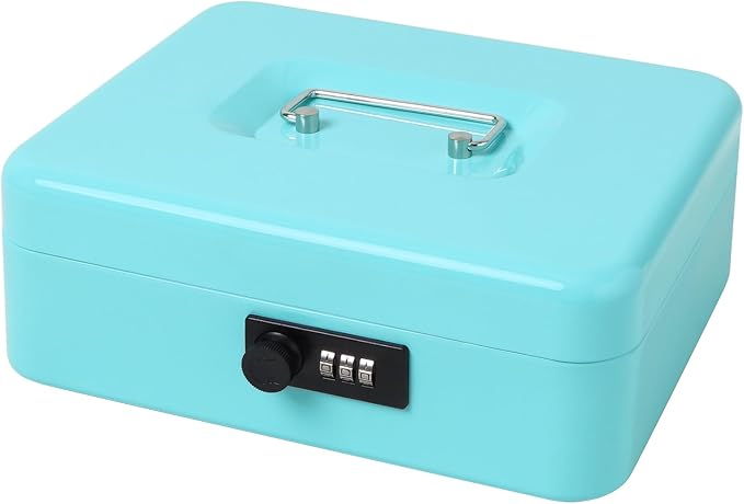 Jssmst Large Cash Box with Combination Lock - Durable Metal Cash Box with Money Tray, light blue (9.84 x 7.87 x 3.46)
