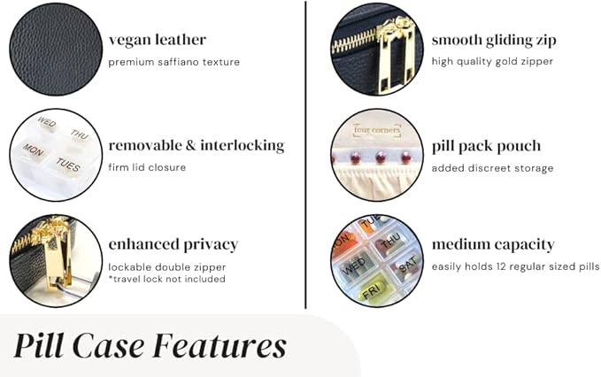 Weekly Pill Organizer 7 Day – Travel Pill Case for Vitamins & Medication, Premium Vegan Leather Pill Box with Removable Daily Compartments, Portable Supplement Organizer with Secure Zipper (Blush)