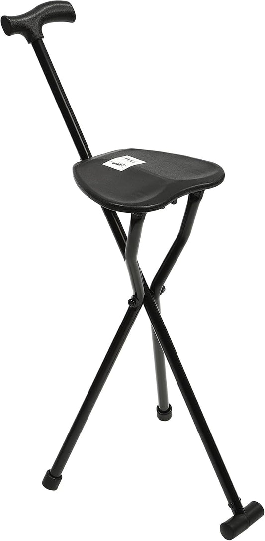 Walking Cane with Seat, 35.4 Inches Tall Multi-Functional Foldable Three-Legged Stool, Portable Folding Cane with Seat, Lightweight Cane Chair Walking Stick for Seniors Supports 249.12Lbs, Black