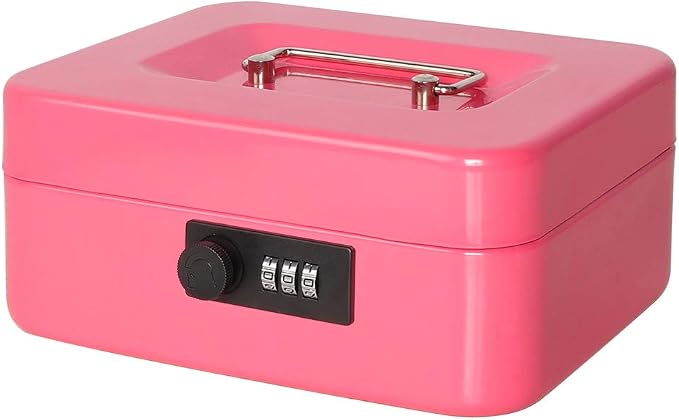 Jssmst Medium Cash Box with Combination Lock - Durable Metal Cash Box with Money Tray Pink,7.87 x 6.3 x 3.35 inches,CB0704M