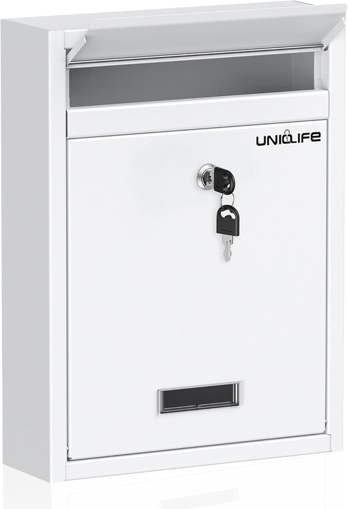 Uniclife Wall Mount Mailbox for Outside, Locking Mail Box, White | Large Mailbox with Key Lock, Security Mail Box for House, Safe Key Drop Box, Steel Cash Drop Box for Home Office School