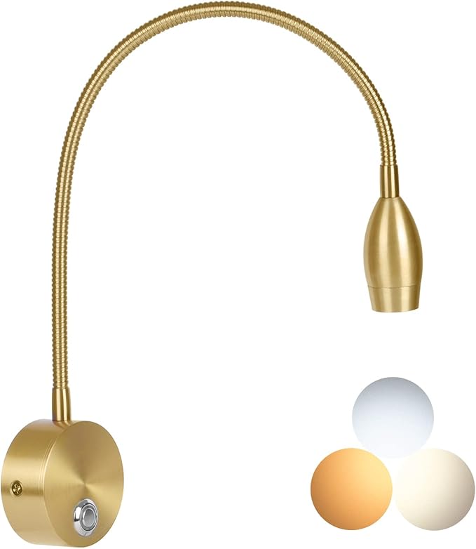 Adust Bedside Reading Light, Bedroom Reading Lamp, 3W LED Touch Dimmable Brightness Minimalist Wall Headboard Reading Lamp, Adjustable Colour Temperature, 3000k, 4000k, 6000k (Gold (1-Pack))