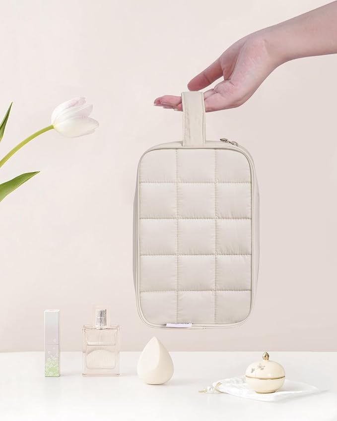 Narwey Quilted Makeup Bag Puffy Make up Bag Cosmetic Bag Organizer, Puffer Travel Toiletry Bag for Traveling Women Girl, Travel Bag for Toiletries, Skincare Medicine Bags (Beige)