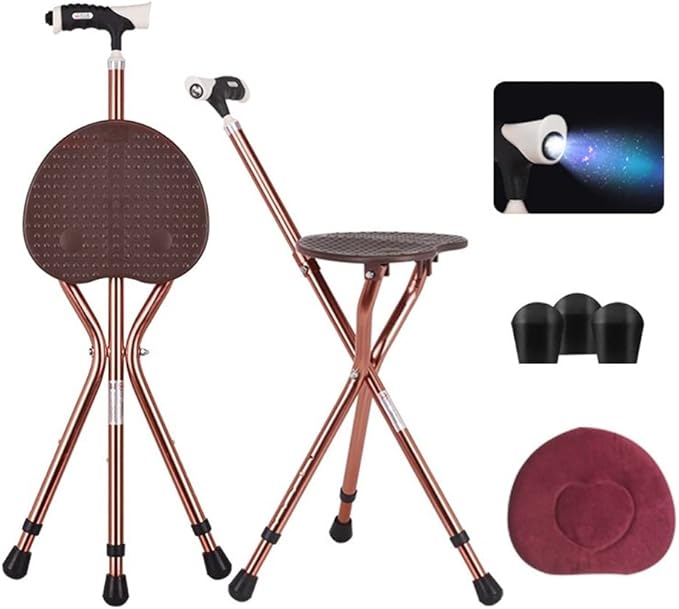 Adjustable Folding Cane with Seat Large Capacity Lightweight Crutch Chair Stool with LED Light and Retractable 3 Legs for Seniors Outdoor Travel Aids
