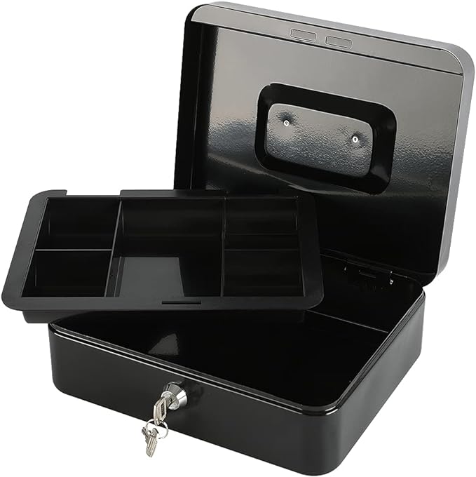 xydled Locking Steel Large Cash Box with Removable Coin Tray and Key Lock,9.84"x 7.87"x 3.54",Black