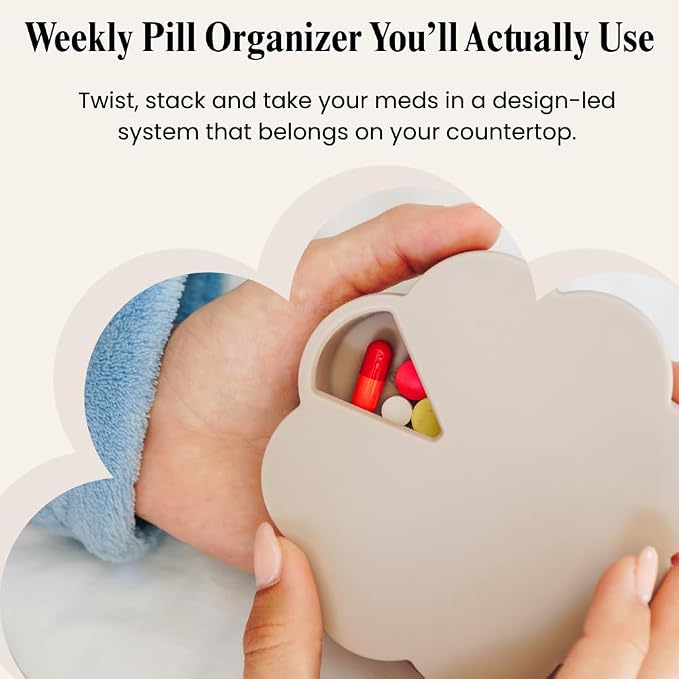 Dosey Twist+Stack Pill Organizer, Weekly & Daily Medicine Organizer Case, Portable Travel Pill Box, Compact Vitamin & Medication Storage Solution, Latte
