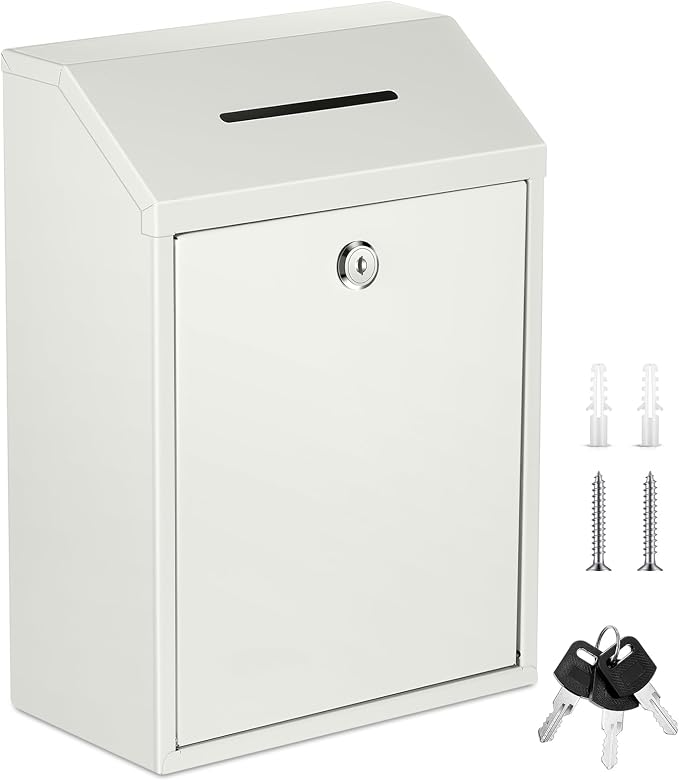 Yaocom Metal Money Box,White,11.81 x 8.58 x 4.72 Inch,No Lid | Wall Mounted Drop Donation Cash Box for Farm Stand Collection Safe Suggestion Box with Lock Container for Home Office Outdoor