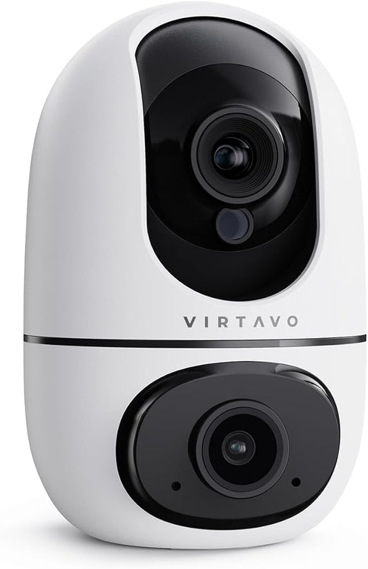 virtavo XD1 Indoor Security WiFi Camera, No Subscription Required, Dual-Lens 360° PTZ Baby Monitor & Pet Cam, Motion Tracking, 2-Way Audio, Night Vision, Cloud/SD Storage, Phone App, Plug-in Power