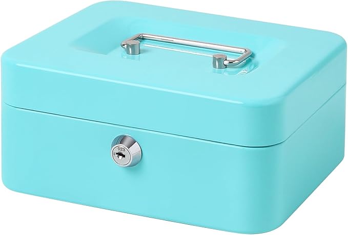 Jssmst Cash Box with Key Lock - Durable Metal Cash Box with Money Tray, Light Blue, Medium