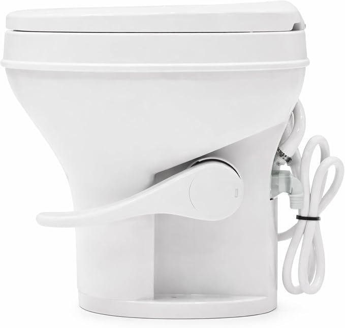 SEAFLO RV Toilet with Sprayer Attachment - White, 18.4” Residential Height, Gravity Flush Foot Pedal Camper Toilet Soft Close Seat Elongated Bowl Motorhome, 4-Year Warranty, SFRTPH-01-02