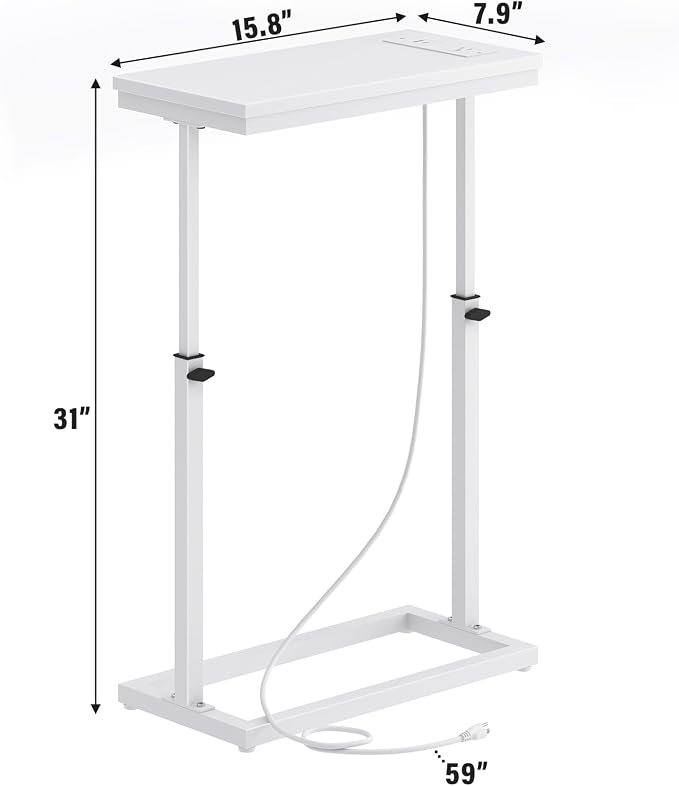 TUTOTAK End Table with Charging Station, Side Table, Tall Couch Table | Sofa Table, for living Room, Bedroom, White TB01BW084
