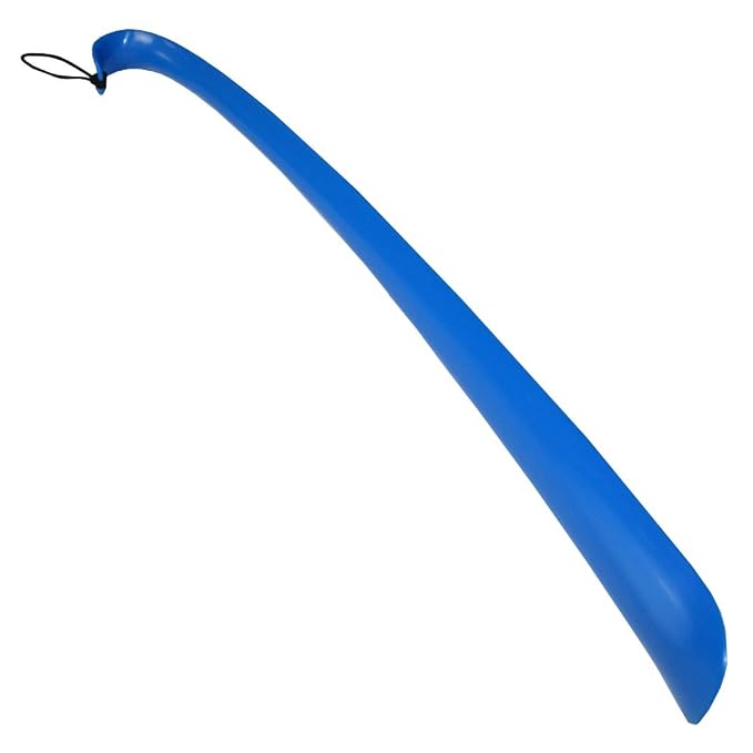 Rehabilitation Advantage Extra Long Blue Plastic Shoehorn (24") – Lightweight Shoe Helper with Curved Handle, Hooked End & Hanging Loop – Ideal for Seniors, Tall Users & Limited Mobility