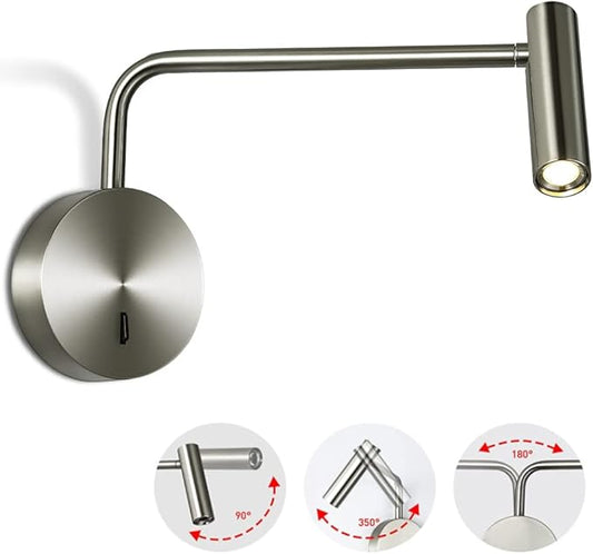 ZEROUNO Wall Mounted Reading Light Swing Arm Bedside Lamps for Bedroom Hardwired Sconces with Switch LED Mounted for Home Decor Wall Lighting Fixtures Indoor (Silver)