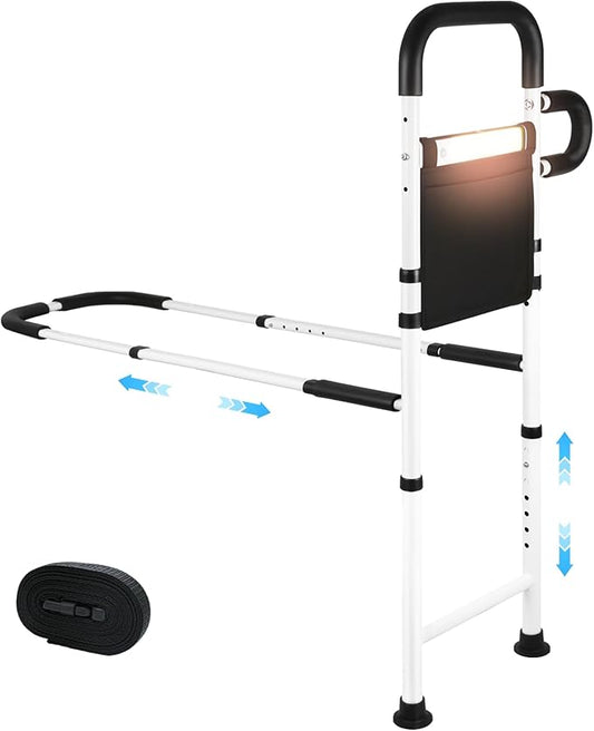 Bed Rails for Elderly Adults Safety with Motion Sensor LED Light - Adjustable Bed Assist Rails for Full Size, Portable Bed Cane for Seniors with Storage Pocket, Hold Up to 330 Lbs