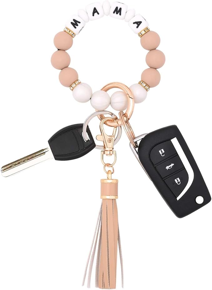 BAOSIWA Silicone Beaded Bracelet Keychain Wristlet Key Ring Bangle Chains for Women with Leather Tassel