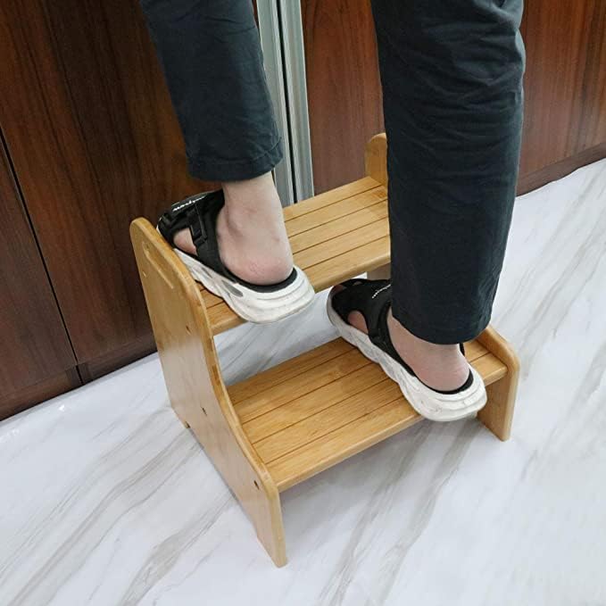 VaeFae Bamboo 2 Step Stool with Non-Slip Step Treads and 2 Cutout Handles