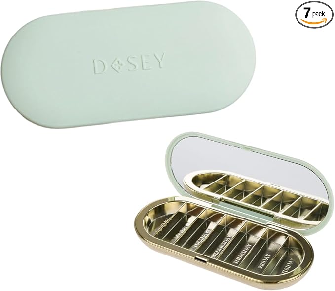 Dosey Compact Travel Pill Organizer - Pill Case with 7 Compartments for Medicine Storage & Protection – Stylish & Elegant Medication Organizer with Mirror, Sage