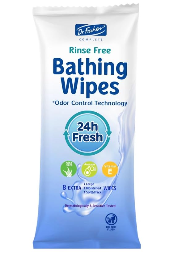 Fischer Rinse Free Bathing Wipes - XL Personal Cleaning for Adults with 24H Odor Protection. Shower Wipes for Women and Men. (8)