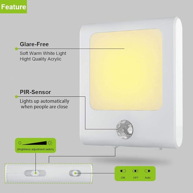 MAZ-TEK Plug in Motion Sensor Lights with Adjustable Brightness,Warm White Motion Activated Led Night Light for Hallway, Stair, Corridor, Kitchen, Living Room, Garage, Basement, Utility Room,2 Pack