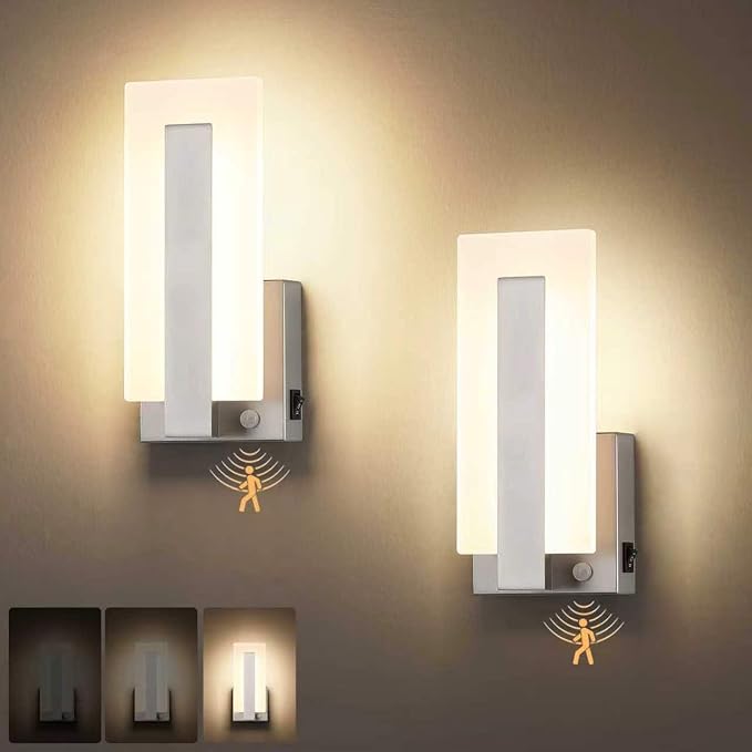 Joosenhouse Modern Wall Sconces Set of Two, with Motion Sensor, Dimmable Hardwired Wall Lights, Nickel-Finish Indoor Wall Lights Suitable for Bedrooms, Living Rooms, and Hallways