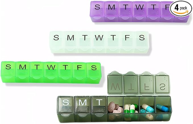 4 Pack Weekly (7-Day) Pill Organizer, 7 Days Pill Case Travel Daily Pill Box Portable Medicine Organizer and Planner with Compartment for Vitamins, Fish Oil, Supplements and Medication (4 Colors)