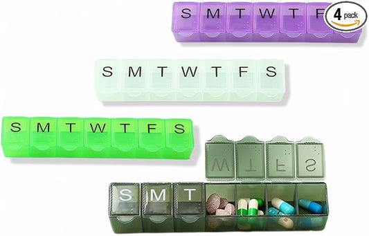 4 Pack Weekly (7-Day) Pill Organizer, 7 Days Pill Case Travel Daily Pill Box Portable Medicine Organizer and Planner with Compartment for Vitamins, Fish Oil, Supplements and Medication (4 Colors)