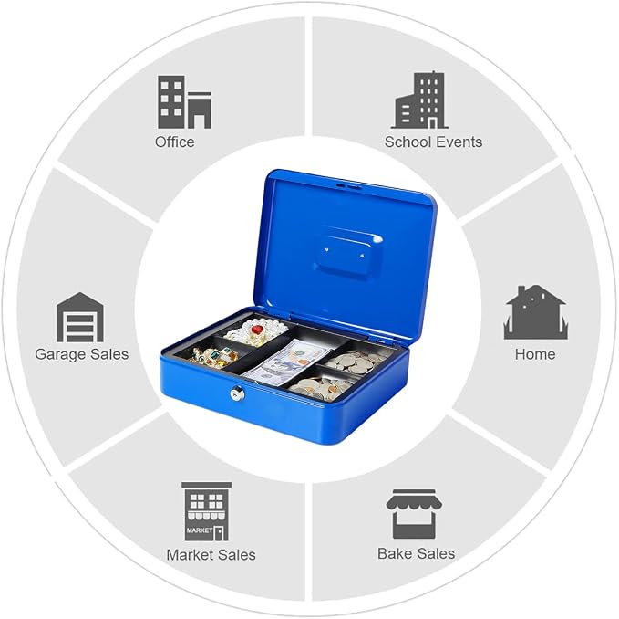 Jssmst Large Cash Box with Key Lock - Durable Metal Cash Box with Money Tray, 11.81 x 9.84 x 3.46 inches (X-Large, Blue)