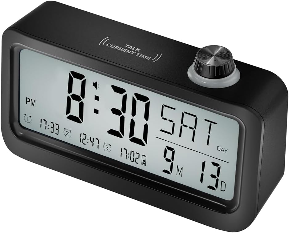 Medication Pill Reminder, Rechargeable Talking Alarm Clock with 3 Custom Voice Recording Alarms, Touch-to-Talk, a Digital Alarm Clocks Gift for Mom/Dad/Seniors/Elderly(Black)