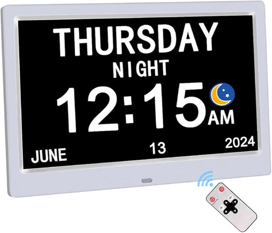 AINFTIME DST Digital Clock with Date and Day of Week for Elderly-12 Alarms Medication Reminder Dementia Alzheimers Clock Calendar with Extra Large Display (10.1 inch White)