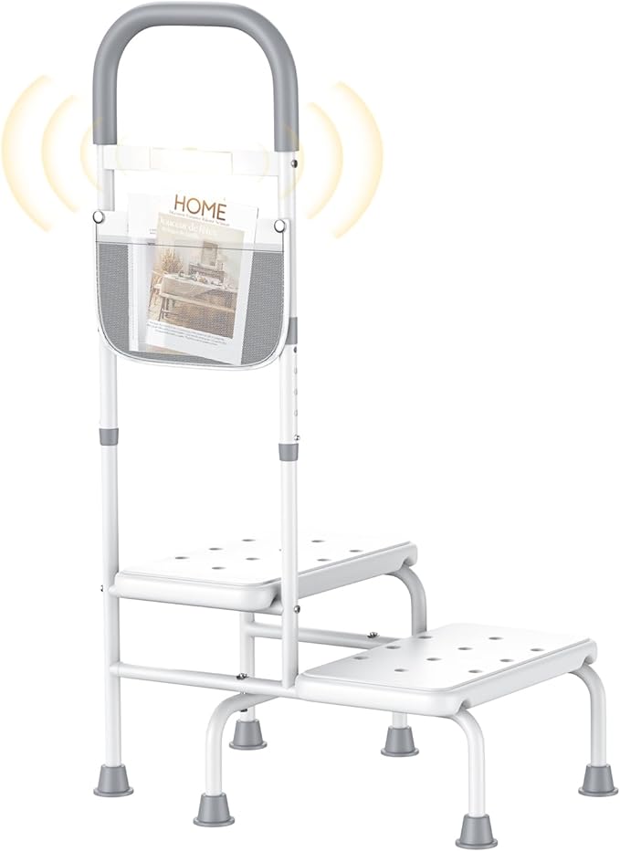 2 Step Stool with Handle for Elderly Heavy Duty Bed Steps for High Beds for Adults Two Step Stools for Seniors with Adjustable Handrail Non-Skid Platform LED Light Foot Stool for Kitchen Room (White)