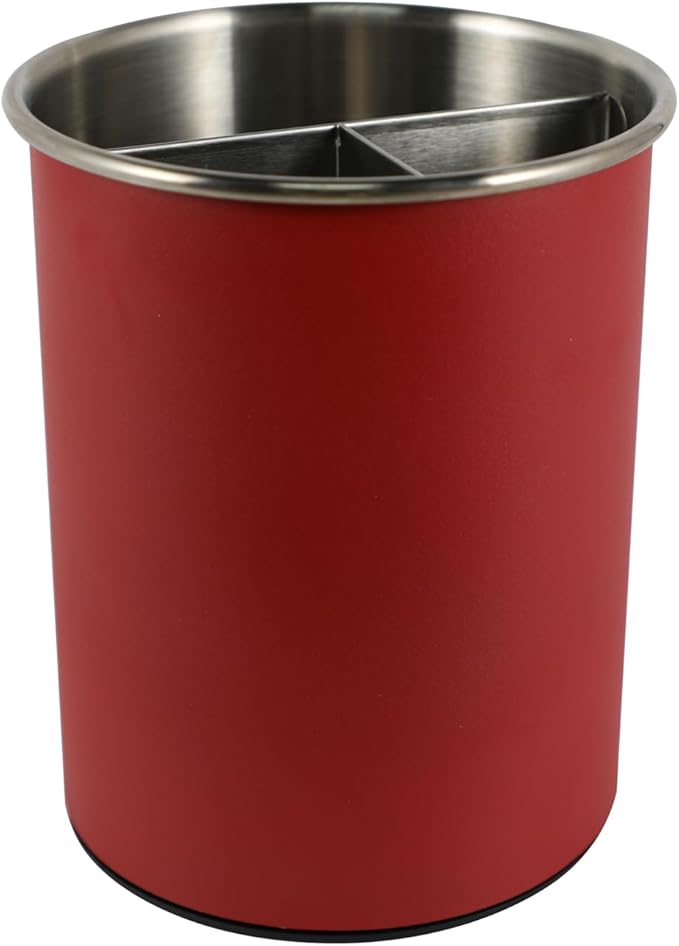 TENGINE Stainless Utensil Holder 360° Rotating 6.5X5.25 Inch Utensil Crocks for Kitchen Counter with Removable Divider Red