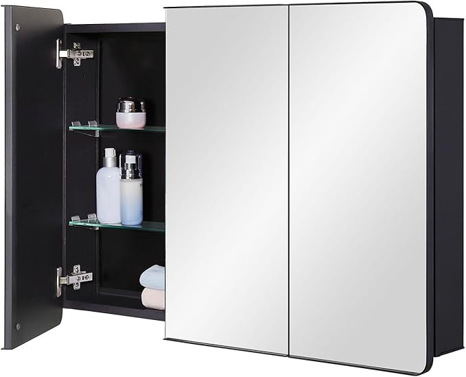 Bathroom Mirror Medicine Cabinet with Round Corner Framed Door 36 x 26 inch, Black，Recessed or Surface Mount, with Adjustable Glass Shelves