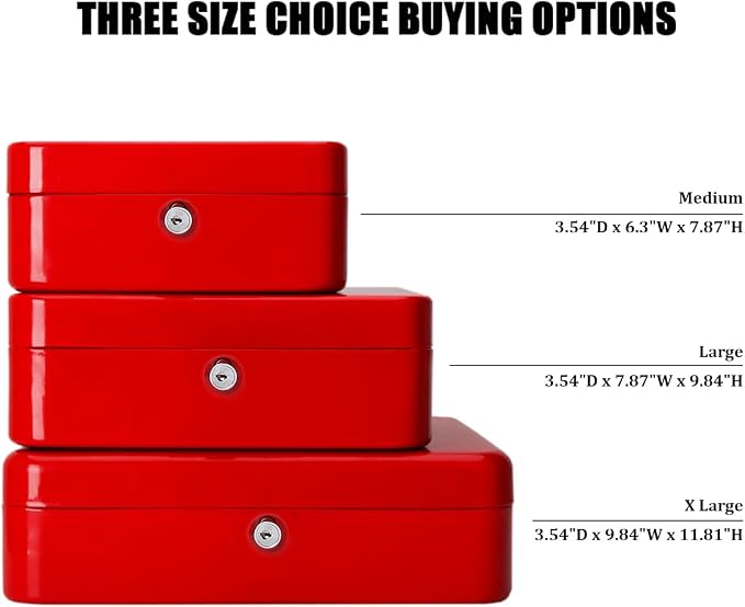 Jssmst Locking Medium Steel Cash Box with Money Tray,Lock Box,Red