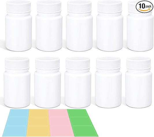 10 Pack Travel Pill Bottles - White Food Grade Plastic with Screw Caps & Labels, Small Pill Organizer for Pills, Vitamins, Capsules