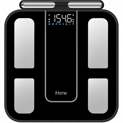 iHome 8 Electrode Smart Scale for Body Weight — Smart Scale with BMI, Body Fat, Muscle Mass, 56 Composition Metrics, Heart Rate, Bluetooth, 397lb