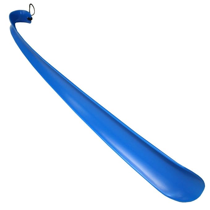 Rehabilitation Advantage Extra Long Blue Plastic Shoehorn (24") – Lightweight Shoe Helper with Curved Handle, Hooked End & Hanging Loop – Ideal for Seniors, Tall Users & Limited Mobility